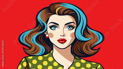 Realistic vector illustration of a beautiful woman in retro pop art style with kissing lips