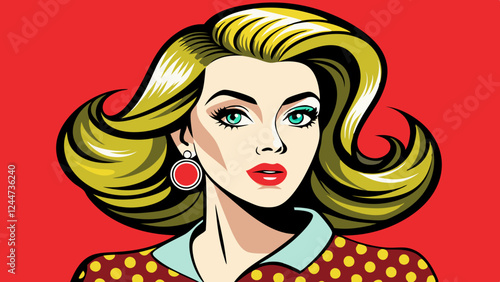 Realistic vector illustration of a beautiful woman in retro pop art style with kissing lips