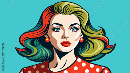 Realistic vector illustration of a beautiful woman in retro pop art style with kissing lips