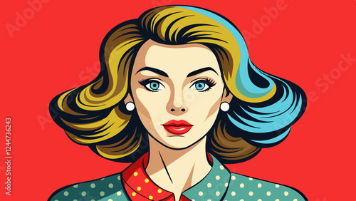 Realistic vector illustration of a beautiful woman in retro pop art style with kissing lips