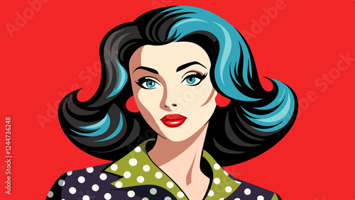 Realistic vector illustration of a beautiful woman in retro pop art style with kissing lips