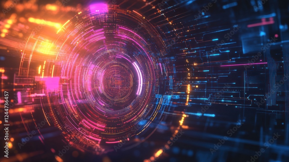 Swirling vortex of vibrant digital data streams through a futuristic tunnel of light Swirling vortex of vibrant digital data streams through a futuristic tunnel of light