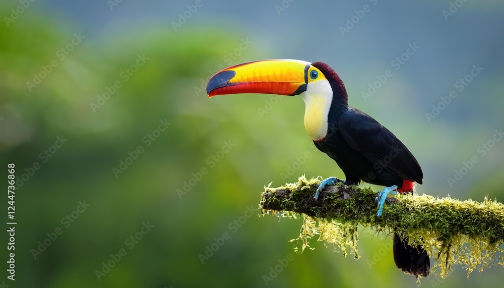 Naklejka premium Vibrant Keelbilled Toucan Perched on a Lush Rainforest Branch, Displaying Stunning Colorful Beak in a Tropical Wildlife Haven