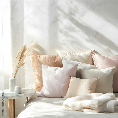 A bright modern bedroom with a cozy and welcoming atmosphere The room features soft pastelcolored pillows neatly arranged on a plush bed similar to highend ergonomi photo