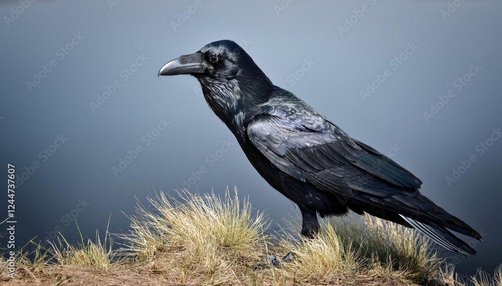Majestic Raven Perched on Gnarled Tree in Wintery Forest, Stark Contrast between Black Feathers and Snowy Landscape, Capturing the Enigmatic Beauty of Natures Wildlife. Majestic Raven Perched on Gnarled Tree in Wintery Forest, Stark Contrast between Black Feathers and Snowy Landscape, Capturing the Enigmatic Beauty of Natures Wildlife.