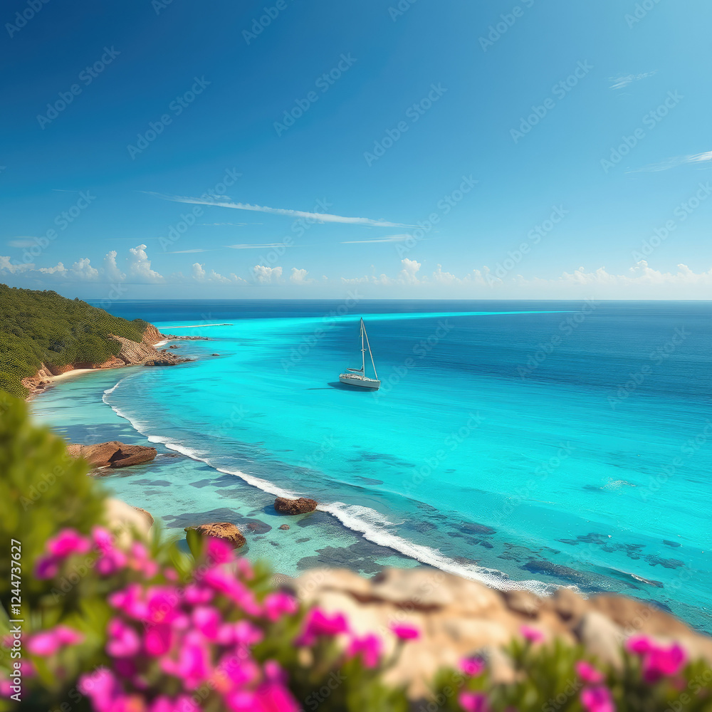 Sailboat cruising along the picturesque coastline, blue sky, cruising Sailboat cruising along the picturesque coastline, blue sky, cruising