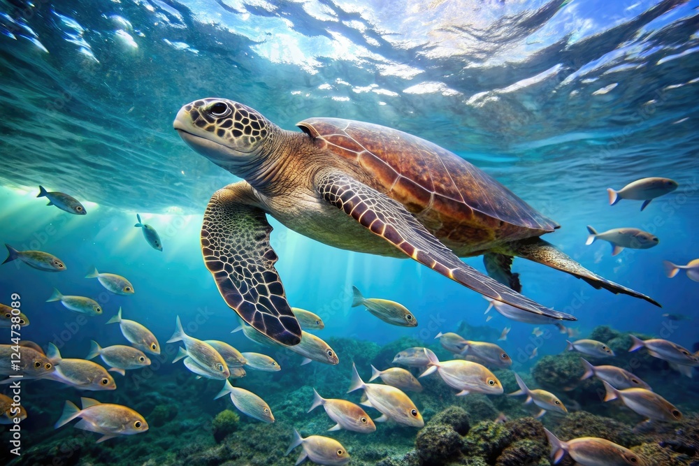 Obraz premium Sea turtle swimming and playing in the ocean with schools of small fish nearby, ocean creatures, underwater world, fish, sea turtle swim, seaweed