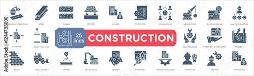 Construction icon collection set. Containing project,property developer,maintenance,financing,repair.,expertise,Infrastructure,property,Tender,excavator,bulldozer icon. Simple line vector.