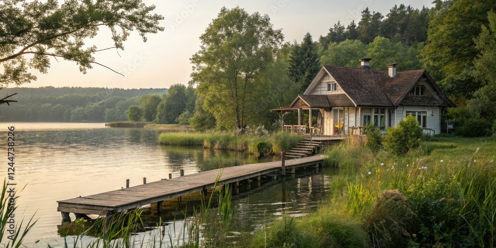 Fototapeta premium Serene lakefront cottage with a wooden dock and lush greenery, trees, cabin, calm