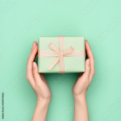 Beautifully wrapped gift box held by hands against a mint green background, perfect for celebrations and special occasions.