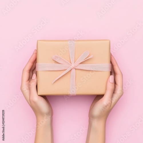 Elegant hands holding a beautifully wrapped gift on a soft pink background, perfect for celebrations and special moments.