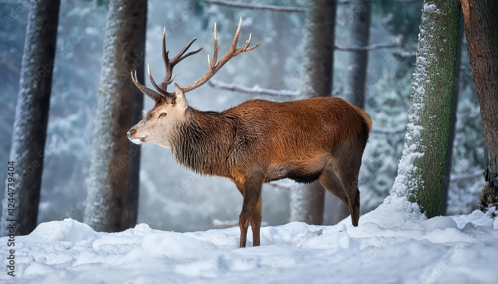 Fototapeta premium Striking Winter Red Deer Amongst Snowy Forest Backdrop Cervus elaphus Stag Basking in the Frosty Light, Capturing the Serene Majesty of Wilderness and Solitude.