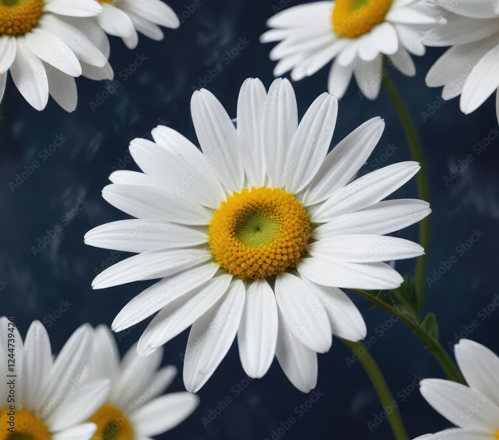 Obraz premium Single white daisy in acrylic painting on navy blue, bloom, vibrant, painting, close up