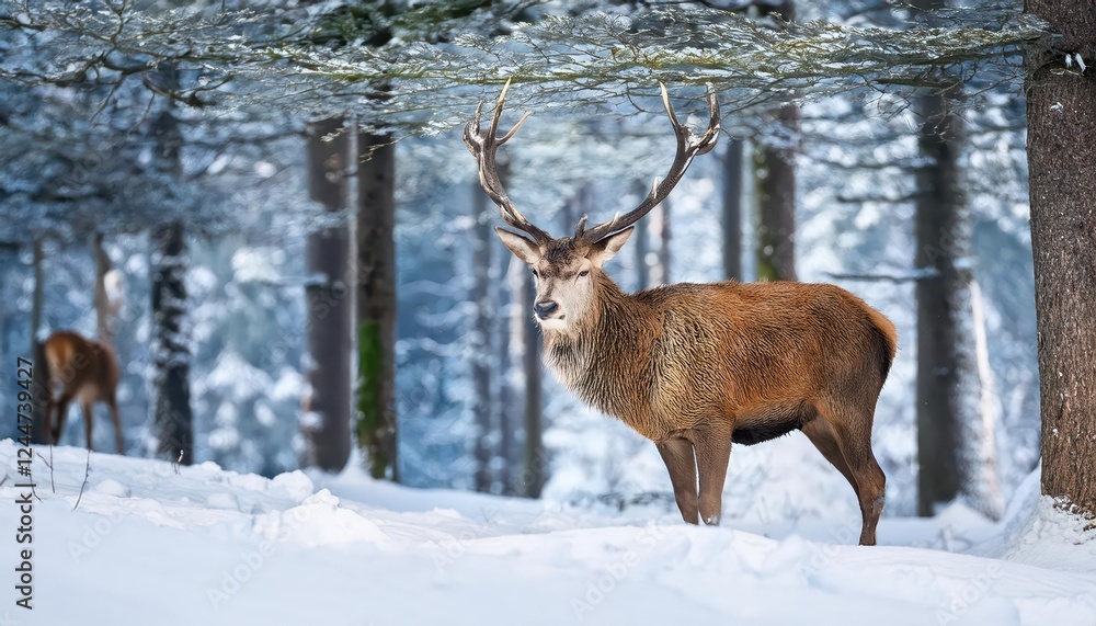 Fototapeta premium Majestic Red Deer Stag Amidst a Winter Wonderland Forest Scene Cervus elaphus, Captured in the Chilly Hours of a LateAfternoon Snowfall.