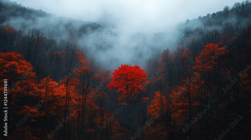 Red tree autumn mist valley landscape Red tree autumn mist valley landscape