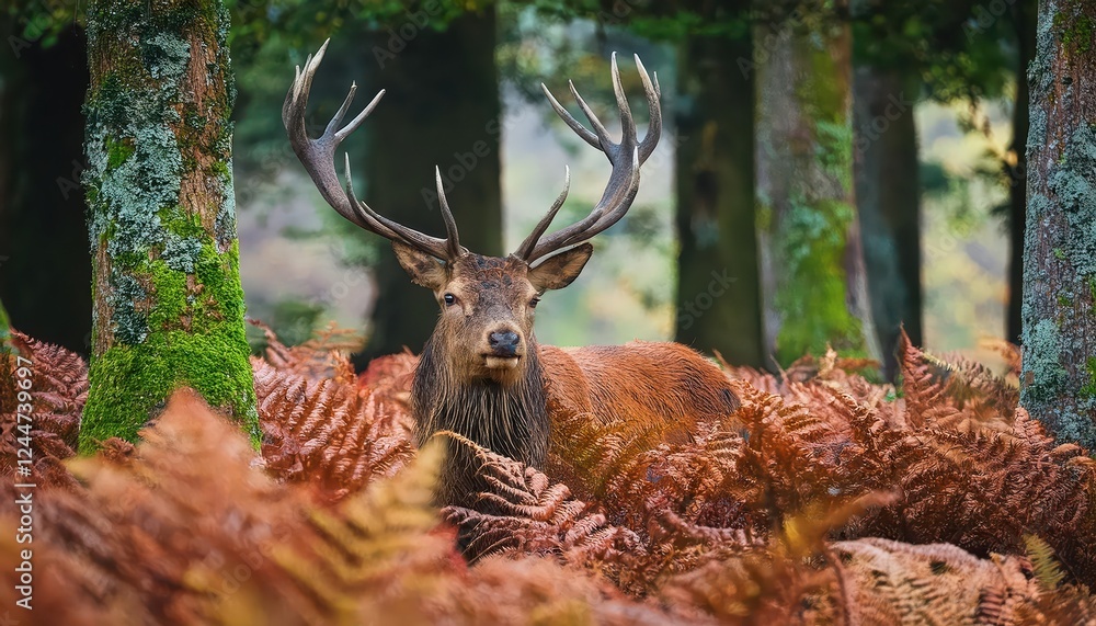Naklejka premium Majestic Red Deer Stag Roaming Amidst Autumnal Ferns in a Moody, Vibrant Forest A Testament to the Beauty of Natures Palette and Wildlifes Grace