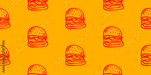 doodle burger pattern background. doodle fast food burger seamless pattern background. seamless pattern of burger in doodle style. Seamless Pattern of a Cheese Burger or Hamburger. hamburger pattern.