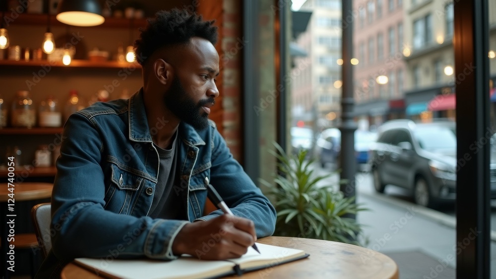 young man sitting wooden table cafe restaurant wearing denim jacket has beard appears deep thought pen his hand notebook open front him cafe has large window offers view busy street cars buildings young man sitting wooden table cafe restaurant wearing denim jacket has beard appears deep thought pen his hand notebook open front him cafe has large window offers view busy street cars buildings