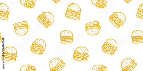 doodle burger pattern background. doodle fast food burger seamless pattern background. seamless pattern of burger in doodle style. Seamless Pattern of a Cheese Burger or Hamburger. hamburger pattern.