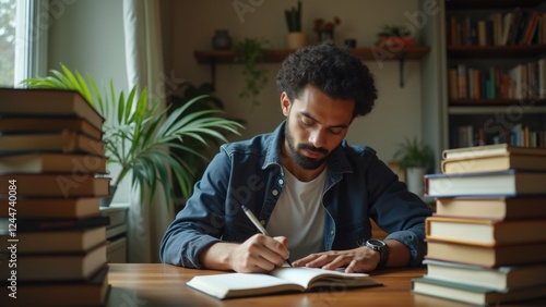 young man sitting wooden table stack books front him wearing blue denim jacket white shirt has beard holding pen his right hand appears writing notebook bookshelf behind him filled books various