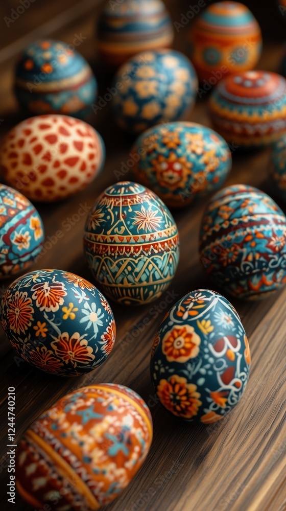 Intricately painted Easter eggs displayed on a rustic wooden table in natural light Intricately painted Easter eggs displayed on a rustic wooden table in natural light