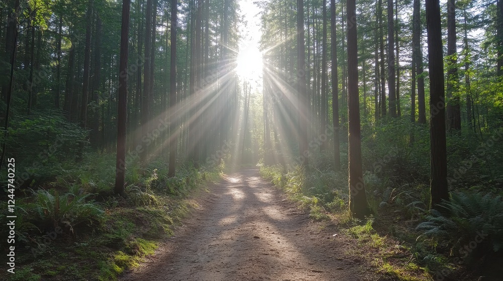 Naklejka premium Sunbeams Through a Lush Green Forest Path