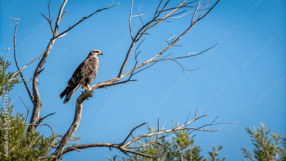snail kite perched on thin tree branch against bright blue sky, tree, sunlight, serene, feathers, snail kite snail kite perched on thin tree branch against bright blue sky, tree, sunlight, serene, feathers, snail kite