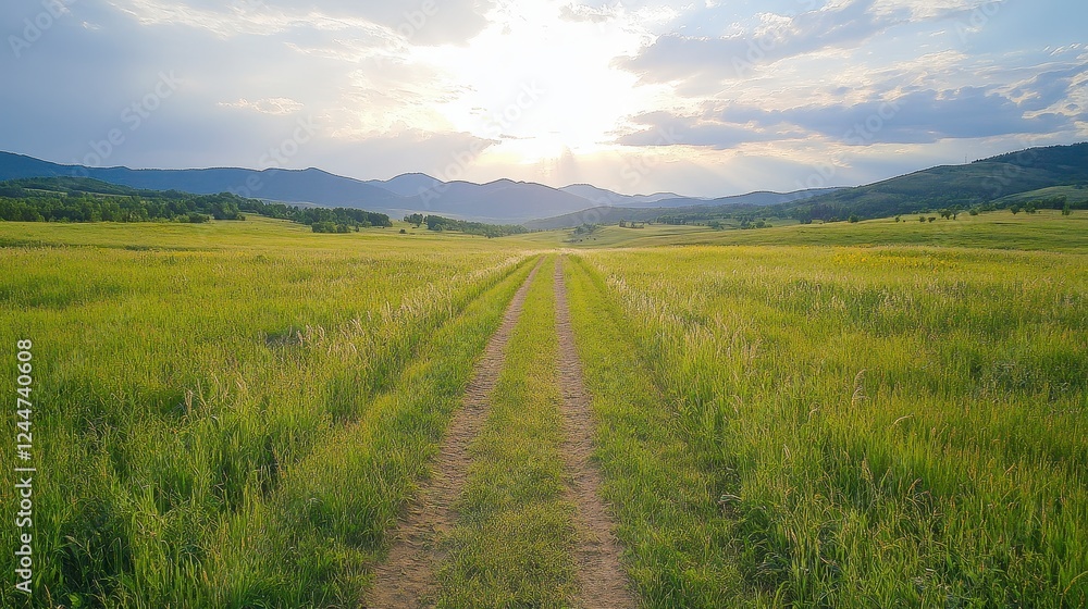 Fototapeta premium Sunlit Dirt Road Across a Verdant Field