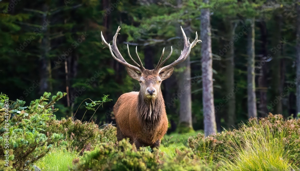 Fototapeta premium Majestic Red Deer Roaming Through the Lush Woodlands of Glenveagh National Park, Donegal, Ireland A Glimpse into the Wild Irish Landscape