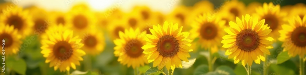 Fototapeta premium Vibrant sunflower field, sunny day, close-up petals, background, stock, detail