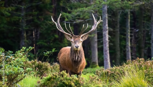 Majestic Red Deer Roaming Through the Lush Woodlands of Glenveagh National Park, Donegal, Ireland A Glimpse into the Wild Irish Landscape photo