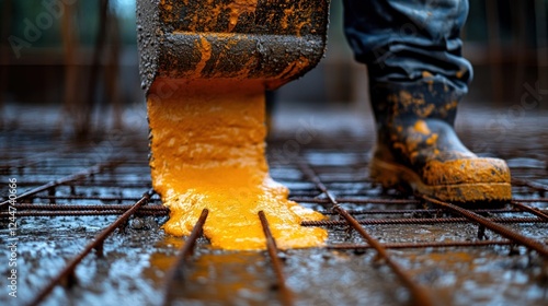 Construction worker pouring concrete on reinforcing steel in a building foundation photo