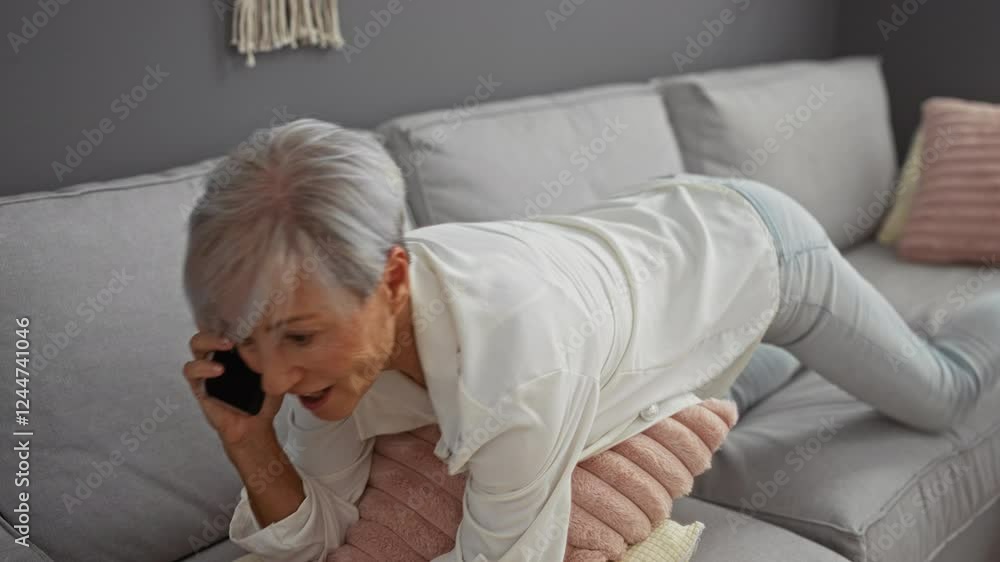 Grey-haired woman talking on phone while lying on sofa in living room Grey-haired woman talking on phone while lying on sofa in living room