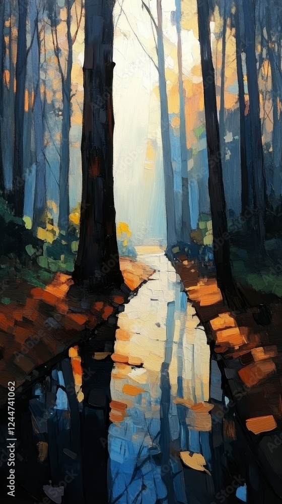 Naklejka premium Sunlit Forest Stream Reflection Painting