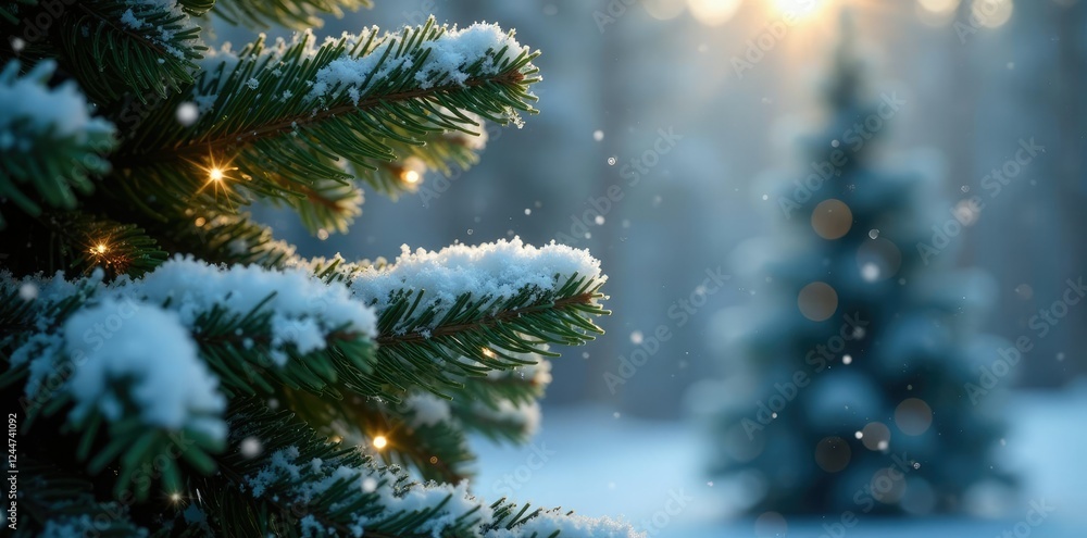 snowflakes gently fall on a serene Christmas tree in the background, snowflakes, frosty snowflakes gently fall on a serene Christmas tree in the background, snowflakes, frosty