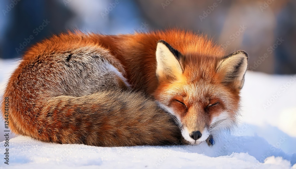 Naklejka premium Serene Red Fox Huddled in Snowy Landscape Winters Embrace Captured in Frozen Moment Amidst the Tranquil Wilderness