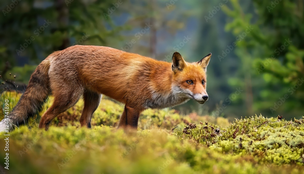 Striking Red Fox on European Hunt Vulpes vulpes in a Wintery European Forest Scene at Golden Hour Striking Red Fox on European Hunt Vulpes vulpes in a Wintery European Forest Scene at Golden Hour