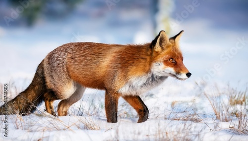 Vibrant Red Fox in Pursuit European Wildlife Scene, Capturing the Agile Grace of Vulpes vulpes amidst a Wintery Landscape at Dusk photo