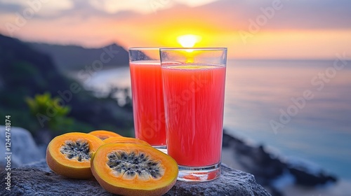 Refreshing Passion Fruit Juice at Beach Sunset: Stunning Ocean View, Vibrant Colors, Tropical Paradise, Fruits, Summer, Healthy Drink, Nature, Outdoor Relaxation photo