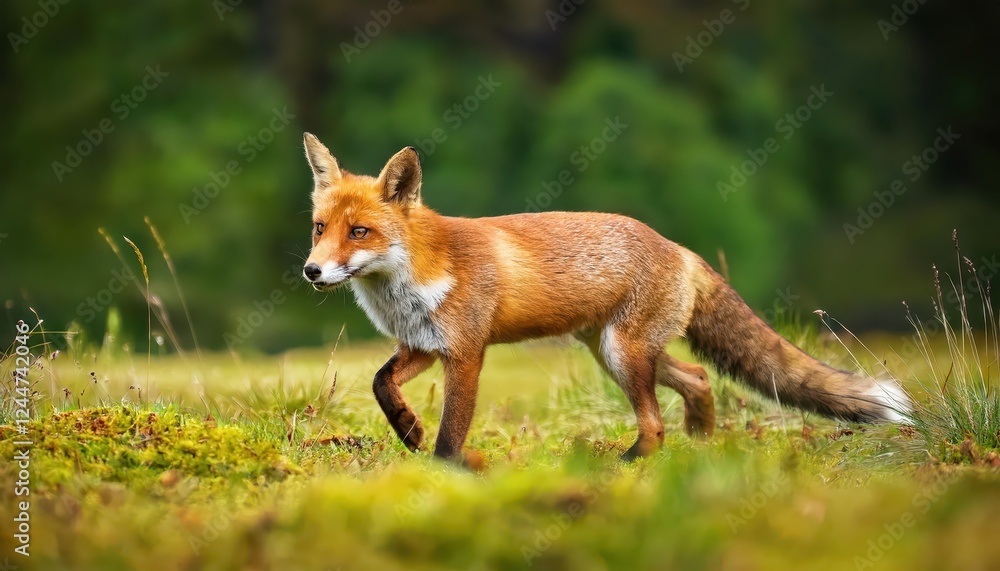 Vibrant Red Fox Hunting in a European Wilderness A Captivating Moment of Natures Majesty, Illustrating the Power and Grace of Vulpes vulpes at Dusk. Vibrant Red Fox Hunting in a European Wilderness A Captivating Moment of Natures Majesty, Illustrating the Power and Grace of Vulpes vulpes at Dusk.