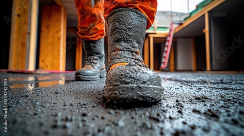 Construction worker in muddy boots on wet concrete floor photo