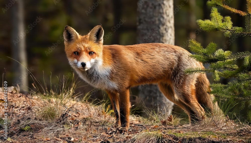Obraz premium Vibrant Red Fox Roaming Through an Enchanted Forest, Dappled Sunlight Creating Dramatic Contrasts, Natures Mysterious Majesty on Full Display.