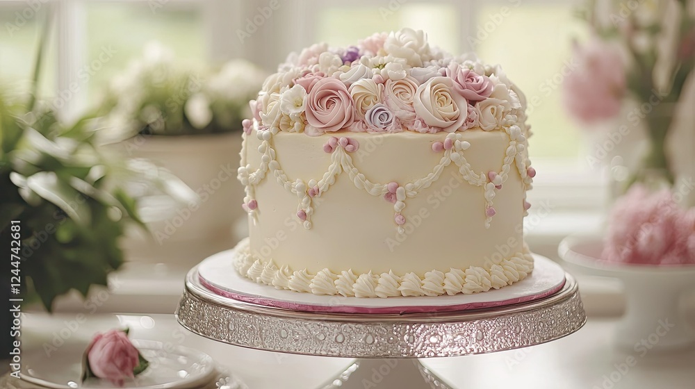 Buttercream birthday cake with intricate piping details, pearls, and pastel flowers, created for mom. Buttercream birthday cake with intricate piping details, pearls, and pastel flowers, created for mom.