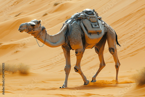 A camel robot with wires walks through the city of Dubai photo