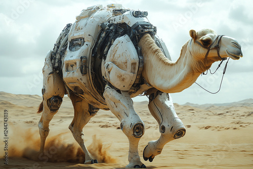 A camel robot with wires walks through the city of Dubai photo