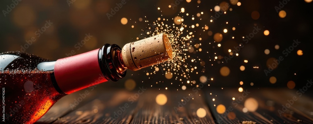 Fototapeta premium Cork ejected from bottle, sparkling wine flows , spray, release, alcohol
