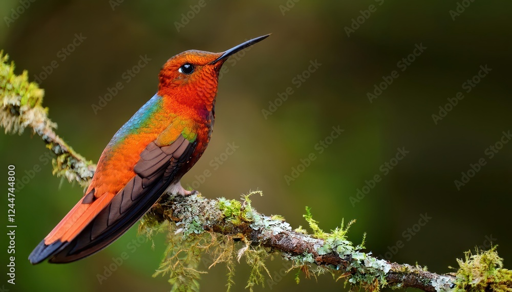 Striking Red Glossy Shiny Bird Amidst Lush Greenery at Sunset, Showcasing Vivid Colors and Textures in a Serene Landscape Striking Red Glossy Shiny Bird Amidst Lush Greenery at Sunset, Showcasing Vivid Colors and Textures in a Serene Landscape