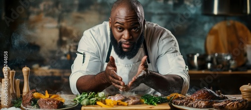 Fototapeta Naklejka Na Ścianę i Meble -  Confident African Chef Presents Gourmet Dishes with Pride