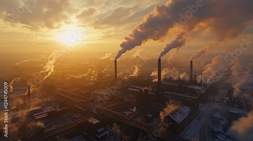 Aerial shots during dawn depict the metallurgical plant emitting smoke and smog, adversely affecting the ecology photo