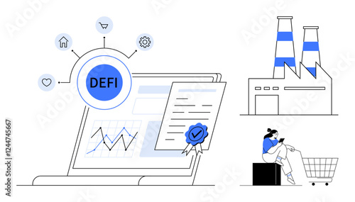 Laptop screen with DeFi graph, network connections, certified document, industrial factory, person with shopping cart. Ideal for finance, technology, industry, certification connectivity